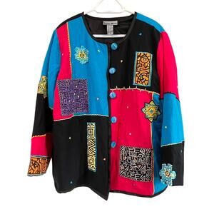 Indigo Moon Patchwork Jacket Large Embroidered Art to Wear Boho